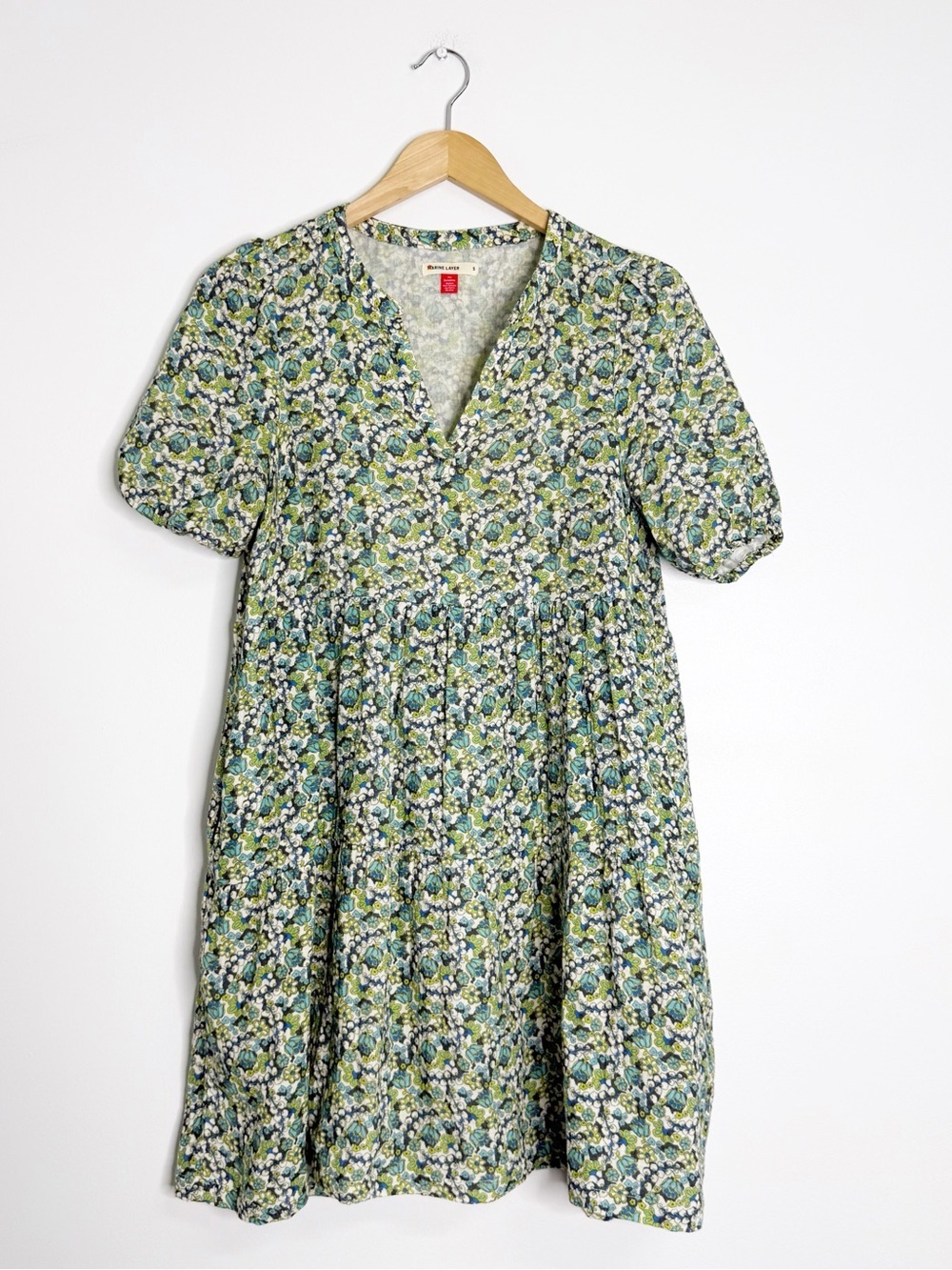 Marine Layer Floral Mini Dress Small Blue Green Pockets Short Sleeve